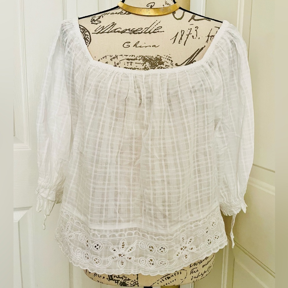 American Eagle Outfitters White Peasant Blouse with Eyelet Hem